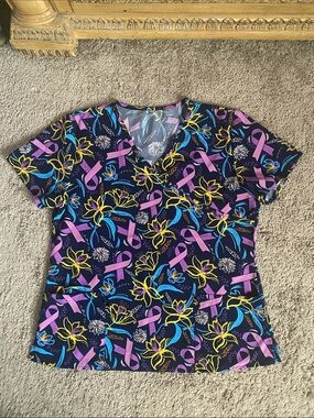 HeartSoul Black V-Neck Scrub Top with Pink Ribbon & Yellow-Blue Floral Accents